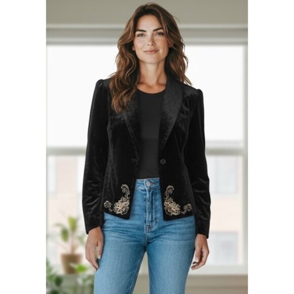 Petite Sophisticate Black Velvet Blazer Jacket 2P Gold Embroidery Whimsigoth - Picture 1 of 9